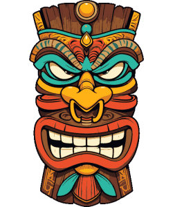 Una máscara tribal feroz y detallada con colores vibrantes, colmillos prominentes y mirada intimidante