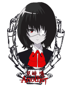 Ilustración vectorial del personaje Misaki Mei del anime Another con parche en el ojo y marco de pergaminos.