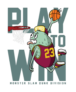 Ilustración vectorial de monstruo animado encestando en baloncesto con la frase Play to Win.