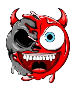 Emoticono rojo de diablo con cuernos y colmillos revelando una calavera lateral.