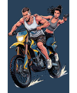 Diseño vectorial de pareja en motocicleta enduro a alta velocidad apuntando en persecución