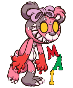 Vector de muñeca oscura cosida con parches, ojos amarillos, mano roja