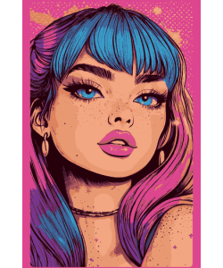 Vector de chica con cabello azul y rosa, ojos grandes y pecas, fondo rosa neón con textura pop-art