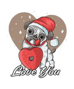 Vector de pug con gorro de Santa y lengua fuera, sosteniendo un corazón rojo con texto 'Love You' en fondo navideño
