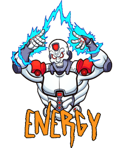 Ilustración vectorial de cyborg robot emanando rayos eléctricos con texto Energy.