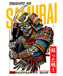 Diseño gráfico vectorial de un samurái esqueleto con armadura de colores y textos en japonés.