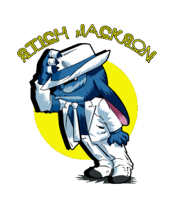 Ilustración de Stitch parodiando a Michael Jackson con traje blanco y sombrero para estampado de playeras.