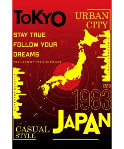 Vector de Tokio con mapa de Japón, texto '1983' y 'Stay True Follow Your Dreams', estilo urbano
