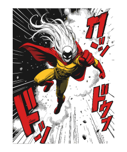 Superhéroe calvo con máscara negra y ojos blancos brillantes lanzando un puñetazo, con capa roja y traje amarillo sobre fondo negro con katakana rojo