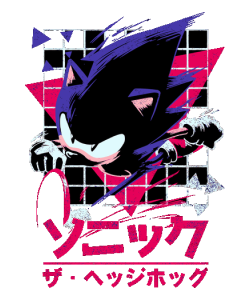 Gráfico vectorial de Sonic el Erizo estilo retro de los 90 con fondo de cuadrícula rosa neón y letras japonesas.