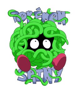 Diseño vectorial de Pokémon Shiny verde (cadenas) con ojos grandes, guantes rojos, texto  estilo caricatura