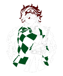Vector de Tanjiro Kamado de Demon Slayer, manta verde y negra, sosteniendo espada verde, rodeado de llamas blancas
