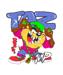 Taz con gorra, cadenas doradas, y actitud de "YOOO!!