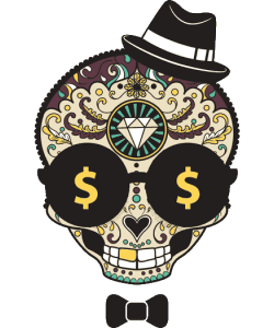 Diseño vectorial de calavera con sombrero y pajarita, gafas de sol con símbolos de dólar, diamante en frente, estilo gangster y lujoso