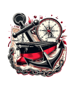 Vector náutico de barco de carga con ancla, brújula y cadenas estilo tatuaje para remeras.