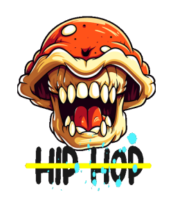 Vector de boca gigante de estilo cartoon, dientes amarillos, saliva azul, texto 'HIP HOP' en negro y amarillo