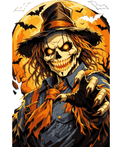 Diseño vectorial de espantapájaros con ojos de fuego y murciélagos, fondo de luna llena, estilo terror de Halloween