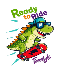 Diseño vectorial de dinosaurio verde con gorra y gafas de sol, montando skateboard rojo, texto 'Ready to Ride Freestyle',