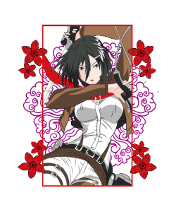 Ilustración de Mikasa de Attack on Titan con marco rojo, nubes orientales y flores para estampado textil.