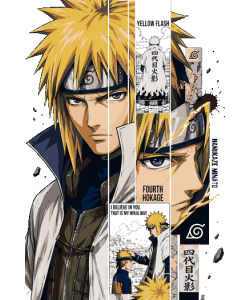 Composición vectorial estilo manga de Minato Namikaze el Cuarto Hokage con viñetas y textos en inglés y japonés.
