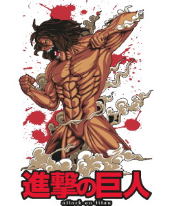 Vector de Eren Jaeger en forma de Titán de Ataque lanzando un golpe con manchas de sangre de fondo.
