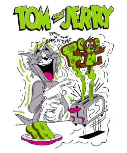 Diseño vectorial cómico de Tom riéndose con Jerry saliendo de la tostadora.