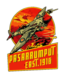 Logo estilo retro de un avión de combate con boca de tiburón y texto Pasarrumput East 1910.