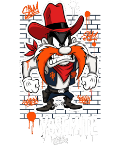 Gráfico urbano de Sam Bigotes en pared de ladrillos con grafiti Yosemite para camisetas streetwear.