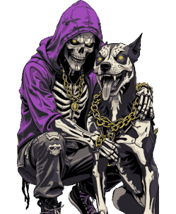  ilustración de una parca con sudadera morada y cadenas de oro junto a su fiel perro doberman esquelético
