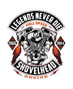 Diseño vectorial de moto chopper con cráneo, alas y cadena, texto 'Biking is not a hobby it's my way of life