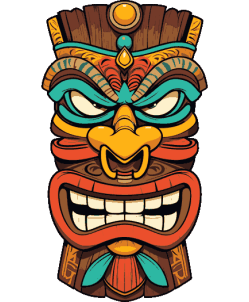 Una máscara tribal feroz y detallada con colores vibrantes, colmillos prominentes y mirada intimidante