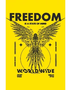 Diseño vectorial de águila wireframe con texto 'Freedom is a state of mind Worldwide', estilo streetwear