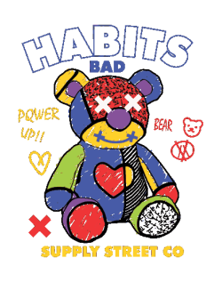 Ilustración de oso de peluche estilo 'patchwork' multicolor con ojos en X y textos 'HABITS' y 'SUPPLY STREET CO'