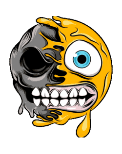 Vector de emoji amarillo derritiéndose fusionado con calavera, ojo azul y cuenca vacía
