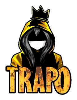 Diseño vectorial de personaje con capucha amarilla, corona y máscara, texto 'TRAPO' en dorado desgastado