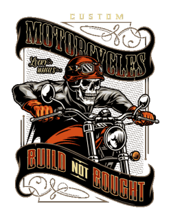 Calavera con goggles y guantes, moto custom, banner 'Build Not Bought