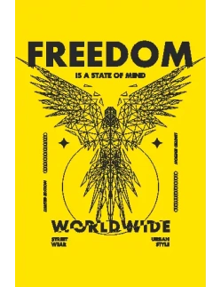 Diseño vectorial de águila wireframe con texto 'Freedom is a state of mind Worldwide', estilo streetwear
