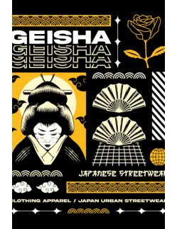 Vector de una geisha japonesa con patrones tradicionales de olas y tipografía moderna en tonos amarillo y negro.