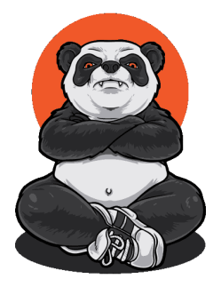 Vector de panda musculoso en postura de Kung Fu con guantes, fondo naranja circular