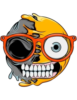 Ilustración vectorial de un emoji derretido con lentes rojos, revelando una calavera en su mitad izquierda. Estilo horror pop