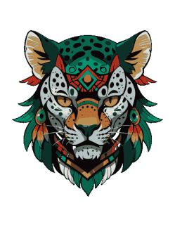 Vector de cabeza de leopardo con patrones geométricos tribales, collar de cuentas y plumas verdes, ojos dorados