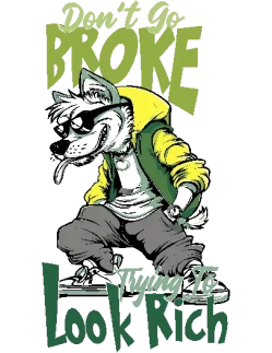 Diseño vectorial de lobo con chaqueta amarilla y gafas, texto 'Don't Go Broke Trying to Look Rich