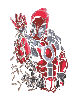 Diseño vectorial de Deadpool parodiando el meme de Salt Bae, dejando caer balas en lugar de sal