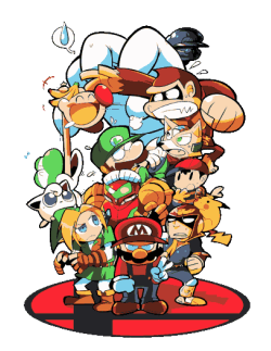 Diseño vectorial titulado 'Nintenders' que muestra a los personajes de Nintendo parodiando a los superhéroes de Marvel Avengers.
