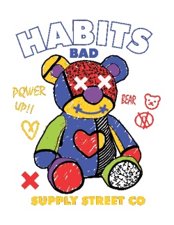 Ilustración de oso de peluche estilo 'patchwork' multicolor con ojos en X y textos 'HABITS' y 'SUPPLY STREET CO'