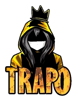 Diseño vectorial de personaje con capucha amarilla, corona y máscara, texto 'TRAPO' en dorado desgastado