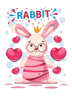 Conejo blanco con corona, gafas redondas y rodeado de corazones. Texto “RABBIT”.