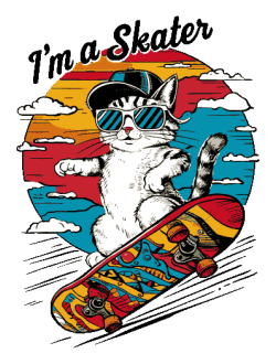 Vector de gato con gafas de sol y gorra, patinando en un skate con fondo atardecer, texto 'I'm a Skater'