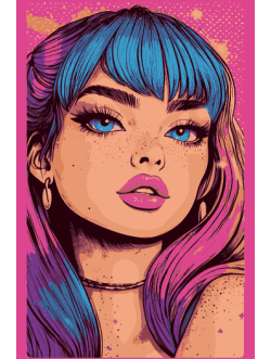 Vector de chica con cabello azul y rosa, ojos grandes y pecas, fondo rosa neón con textura pop-art