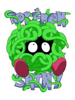 Diseño vectorial de Pokémon Shiny verde (cadenas) con ojos grandes, guantes rojos, texto  estilo caricatura